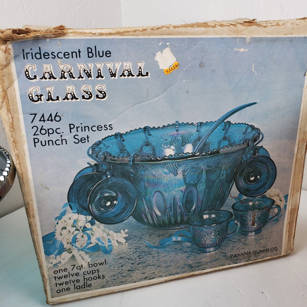 Indiana Glass Iridescent Blue Carnival Glass Princess Punch Set 7446